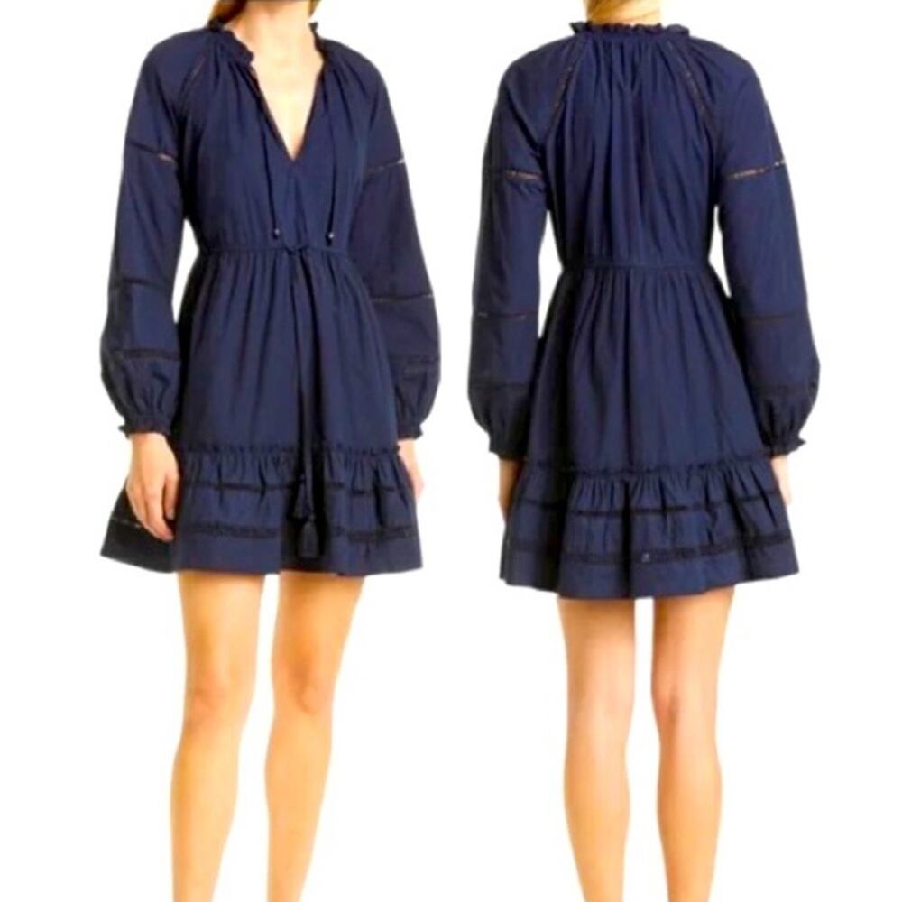 Veronica‎ Beard Danica Navy Blue Long Sleeve V Neckline Tassel Mini Dress Sz M